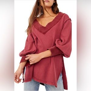 Free People Asher Thermal Knit V-Neck VGC Sz M Stolen Kiss (Red)